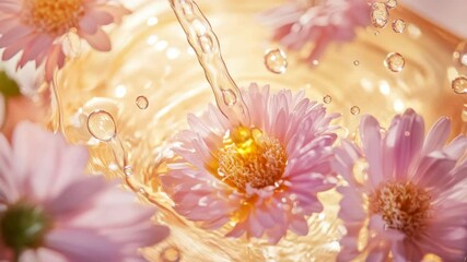 A close up of a bunch of pink flowers in a vase with water. The water is splashing out of the vase, creating a sense of movement and life - Powered by Adobe
