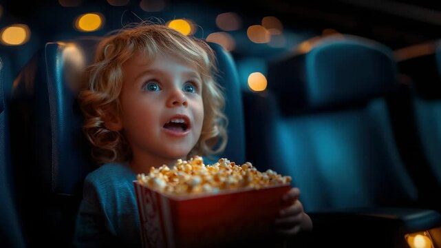 happy smiling child with popcorn bucket watching movie in cinema, boy in auditorium, kid, entertainment for children, film