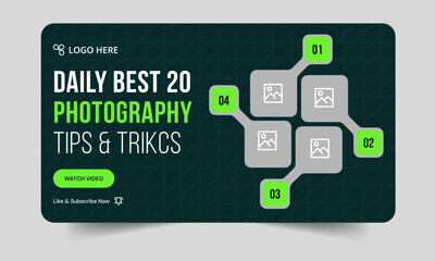 Trendy photography tips and tricks video thumbnail banner design, daily photo shoot technique video cover banner design, fully customizable vector eps 10 file format