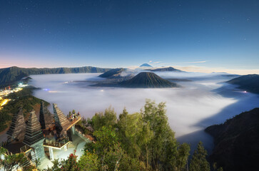 Aerial view of beautiful morning, Mount Bromo. Located in Bromo, Tengger, Semeru National Park, East Java, Indonesia. 