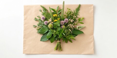 Freshly arranged wildflower bouquet on kraft paper backdrop.