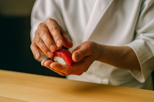 Edomae sushi with fresh tuna held by a sushi chef, close-up/寿司職人が握る、新鮮なマグロの江戸前寿司、クローズアップ