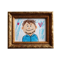 child?s glittery drawing of dad with frame, isolated
