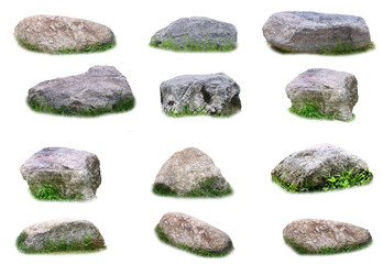 Stone Collection: A collection of various stones, each with a unique shape and texture, are presented against a clean backdrop, with a touch of green moss for a natural feel.