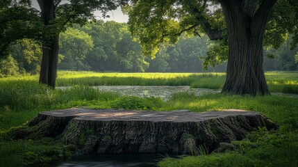 Sunny clearing with tree stumps, lush grass, & trees creating a peaceful woodland scene