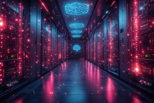 Futuristic server room with glowing brain imagery