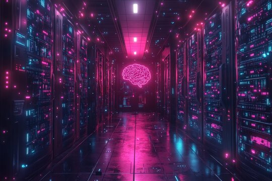 Futuristic server room with a glowing brain