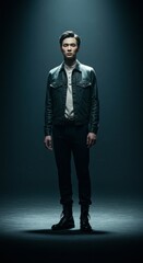 Photo Of A Young Man In Leather Jacket In Dark Studio Lighting