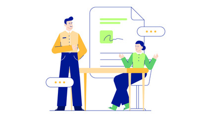 Two people discussing a document in an office setting. Suitable for business presentations and corporate communications materials.