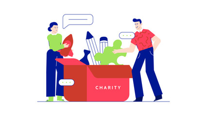 Two people donate items to charity. Corporate social responsibility and charity support. Volunteers, giving, donation drive, community service, sharing, helping hands