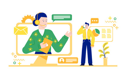 Customer service representative assisting a customer with a smile. Suitable for blog posts, websites, advertisements, and customer service related materials.