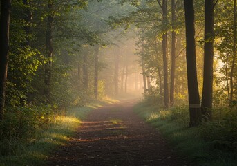 Fototapeta premium Photo Of A Sunlit Path Through A Misty Forest With Golden Light And Trees