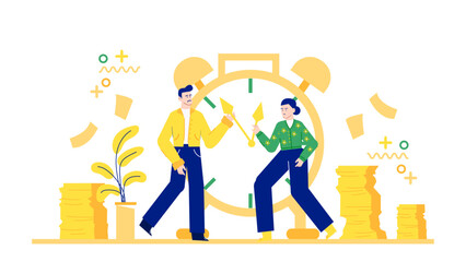 Two people adjusting the hands of a clock together in a teamwork concept. Suitable for time management or productivity themes.