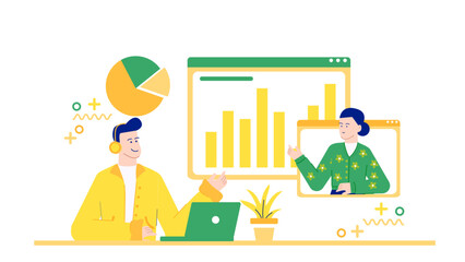 Two people on video call with charts and plant. Suitable for business meetings, remote work, virtual collaboration, financial discussions.