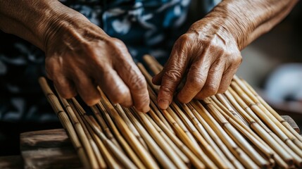Elderly hands crafting bamboo items