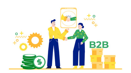 Two people shake hands in front of a smartphone and boxes labeled b2b. Suitable for business partnership concepts and technology design.