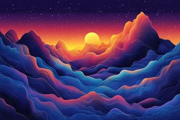 Colorful, abstract mountain range at sunset. Vibrant lines create a dynamic landscape under a starry night sky