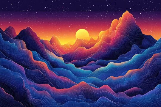 Colorful, abstract mountain range at sunset. Vibrant lines create a dynamic landscape under a starry night sky - Powered by Adobe