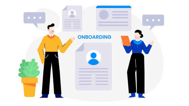 Two people discussing onboarding process; suitable for HR presentations, website articles, training materials, corporate brochures, and business blog posts.