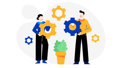 Two people engaging with gears by a plant backdrop, perfect for backgrounds, technology, teamwork, industrial concepts in design projects.