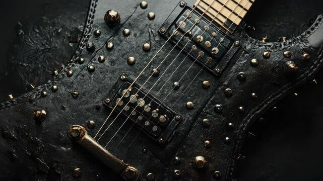 Close-up of a Black Electric Guitar with Studs and Spikes, Heavy Metal Aesthetic, Dark and Moody Lighting, Musical Instrument Detail