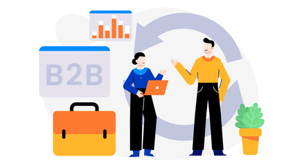 Two professionals discussing business-to-business, holding a laptop and briefcase. Suitable for marketing, technology, corporate communication visuals.