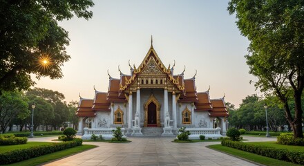 Photo of a Temple Complex with Golden Details and Green Surroundings