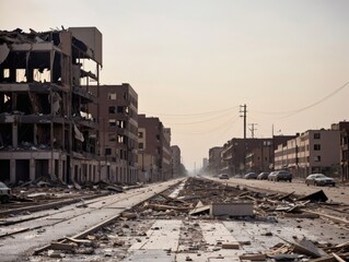 Fototapeta premium Urban Devastation After Conflict – Ruined Apartment Complex