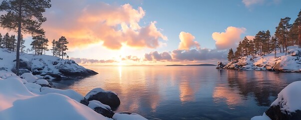 Winter lake sunset, snow, pines