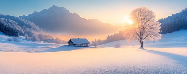 Snowy cabin sunrise, mountains. Winter postcard
