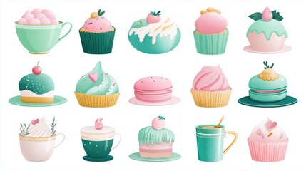 Collection of colorful and cute - designed cupcakes and cups