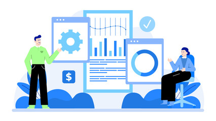 Two people discussing business analytics in front of graphs and charts, suitable for financial presentations, reports, websites, and articles.