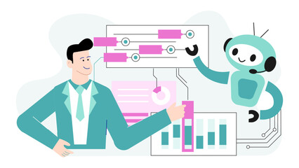 Businessman presenting growth chart to a robot. Suitable for technology, innovation, AI, business strategy concepts in presentations, websites, and print materials.