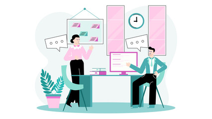 Two people engaged in a conversation at a desk. Suitable for business meetings, teamwork, collaboration, office discussions, and communication concepts.