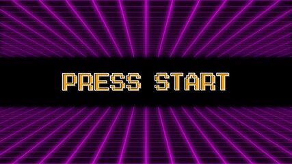 PRESS START. pixel art .8 bit game. retro game. for game assets. Retro Futurism Sci-Fi Background. glowing neon grid. and stars from vintage arcade computer games - Powered by Adobe