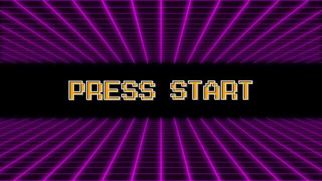 PRESS START. pixel art .8 bit game. retro game. for game assets. Retro Futurism Sci-Fi Background. glowing neon grid. and stars from vintage arcade computer games