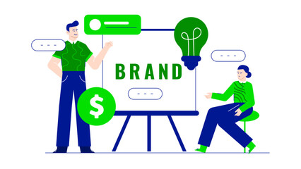 Two people having a conversation about brand identity and marketing strategy. Ideal for business presentations, marketing materials, and advertising content.