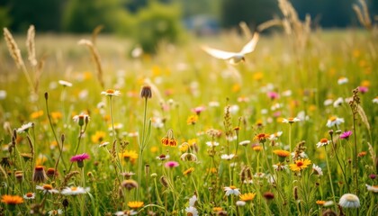 field of wildflowers, gentle breeze, soft sunlight
