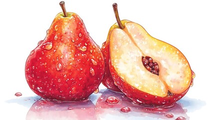 Juicy red pears, halved, water droplets