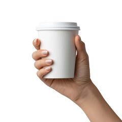A hand holding a white disposable coffee cup with a white lid against a transparent background studio shot