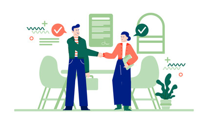 Two people shaking hands in a room with chairs and a plant. Suitable for business meetings, partnerships, and professional networking.
