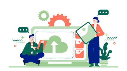 Two people uploading files to the cloud. Suitable for technology, data storage, teamwork, collaboration, or cloud computing concepts.