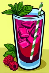 Vibrant raspberry beverage served chilled in a tall glass with fresh garnishes and colorful presentation.