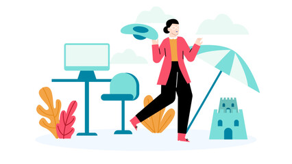 Woman at a computer with sandcastle and umbrella. Ideal for vacation, travel, remote work, technology, beach, relaxation, and getaway concepts.