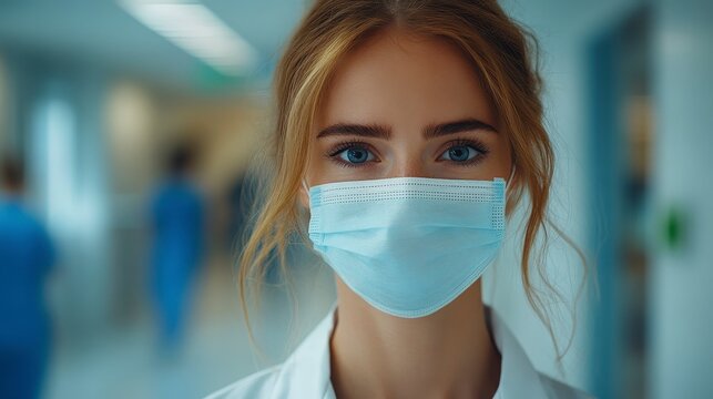 Healthcare worker wearing mask in a hospital hallway looks directly at camera