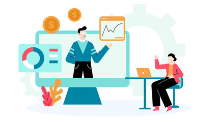 Man presenting online to a viewer; suitable for webinars, remote meetings, virtual classrooms, eLearning platforms, training courses, corporate presentations.