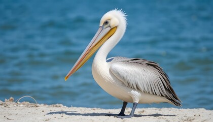 Pelican Standing on Sandy Beach by the Ocean

