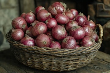 Fresh red onions in a rustic basket