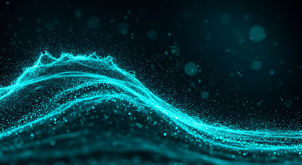 Abstract teal wave with glowing particles