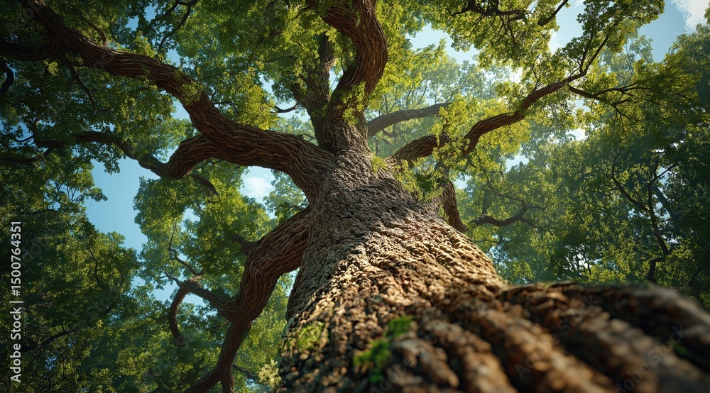 Poster sunlight filters through the leaves of a majestic oak tree, its branches reaching towards the clear 